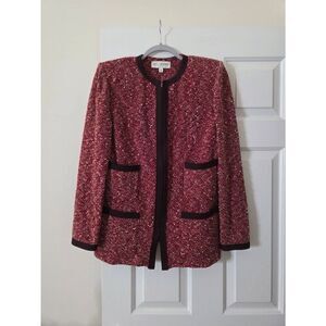 ST. JOHN Claret Red Black Tweed Boucle Wool Blend Knit Zip Front Jacket 10